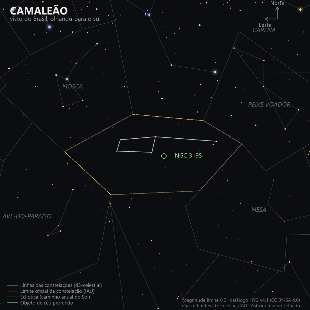 Carta estelar do Camaleão como aparece do Brasil, olhando para o sul: um losango fraco de estrelas de 4ª magnitude, quase sem rótulos porque nenhuma delas tem nome próprio, e a nebulosa planetária NGC 3195 marcada em verde perto do centro