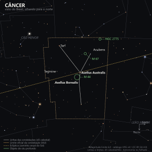 Carta estelar de Câncer como aparece do Brasil, olhando para o norte: o desenho em forma de Y com Asellus Australis e Asellus Borealis flanqueando o Presépio, Tarf e Acubens nas pontas, a linha tracejada da eclíptica cortando a constelação perto de M 44 e os objetos de céu profundo marcados em verde