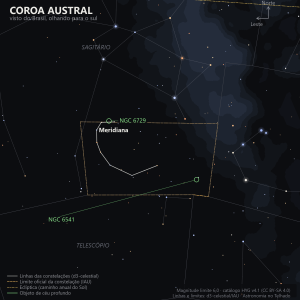 Carta estelar da Coroa Austral como aparece do Brasil, olhando para o sul: o pequeno arco de estrelas com Meridiana em destaque, a nebulosa NGC 6729 na ponta noroeste e o globular NGC 6541 marcado em verde na fronteira com o Telescópio