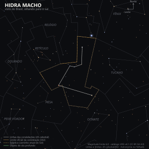 Carta estelar da Hidra Macho como aparece do Brasil, olhando para o sul: a linha comprida e fraca de estrelas sem nome próprio, entre as constelações do Relógio, Retículo, Dourado, Peixe Voador, Mesa, Oitante, Tucano e Fênix