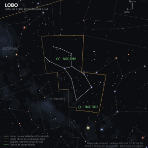 Carta estelar do Lobo como aparece do Brasil, olhando para o sul: a fileira de estrelas de brilho médio entre Escorpião e Esquadro, sem estrelas de nome próprio, a Via Láctea ao fundo e os objetos NGC 5822 e NGC 5986 marcados em verde