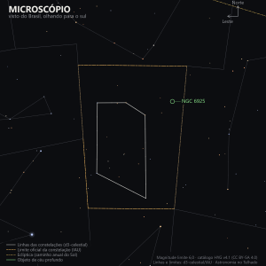 Carta estelar do Microscópio como aparece do Brasil, olhando para o sul: um pequeno quadrilátero de estrelas fracas sem nomes próprios, com a galáxia NGC 6925 marcada em verde a leste do contorno