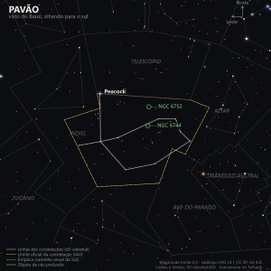 Carta estelar do Pavão como aparece do Brasil, olhando para o sul: Peacock sozinha no topo, bem na fronteira com o Índio, e o restante da figura descendo até o aglomerado globular NGC 6752 e a galáxia NGC 6744, marcados em verde no meio da constelação