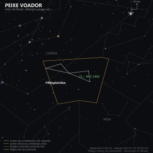 Carta estelar de Peixe Voador como aparece do Brasil, olhando para o sul: Miaplacidus, de Carena, como referência à esquerda, o quadrilátero fraco de Peixe Voador no centro, e a galáxia NGC 2442 marcada em verde
