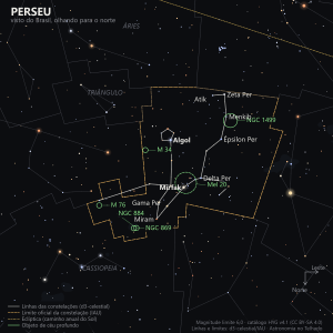 Carta estelar de Perseu como aparece do Brasil, olhando para o norte: Mirfak, Algol e as demais estrelas da constelação, com o Duplo Aglomerado (NGC 869 e NGC 884), M 34, a Nebulosa da Califórnia (NGC 1499), a planetária M 76 e o Aglomerado Alfa de Perseu (Mel 20) marcados em verde