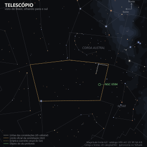 Carta estelar do Telescópio como aparece do Brasil, olhando para o sul: o contorno pentagonal discreto da constelação, sem estrelas de nome próprio, com o globular NGC 6584 marcado em verde perto da fronteira com o Altar