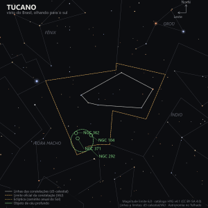 Carta estelar do Tucano como aparece do Brasil, olhando para o sul: a linha de estrelas fracas sem nome próprio, o limite oficial em laranja e, marcados em verde, a Pequena Nuvem de Magalhães, o 47 Tucanae, o NGC 362 e o aglomerado NGC 371