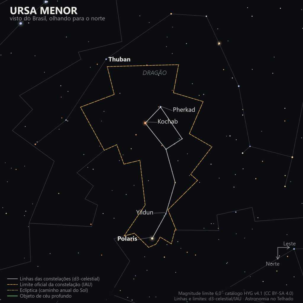 Carta estelar da Ursa Menor como aparece do Brasil, olhando para o norte: Polaris na ponta do cabo, Kochab e Pherkad na borda da concha, perto do limite com o Dragão, que a envolve por quase todos os lados